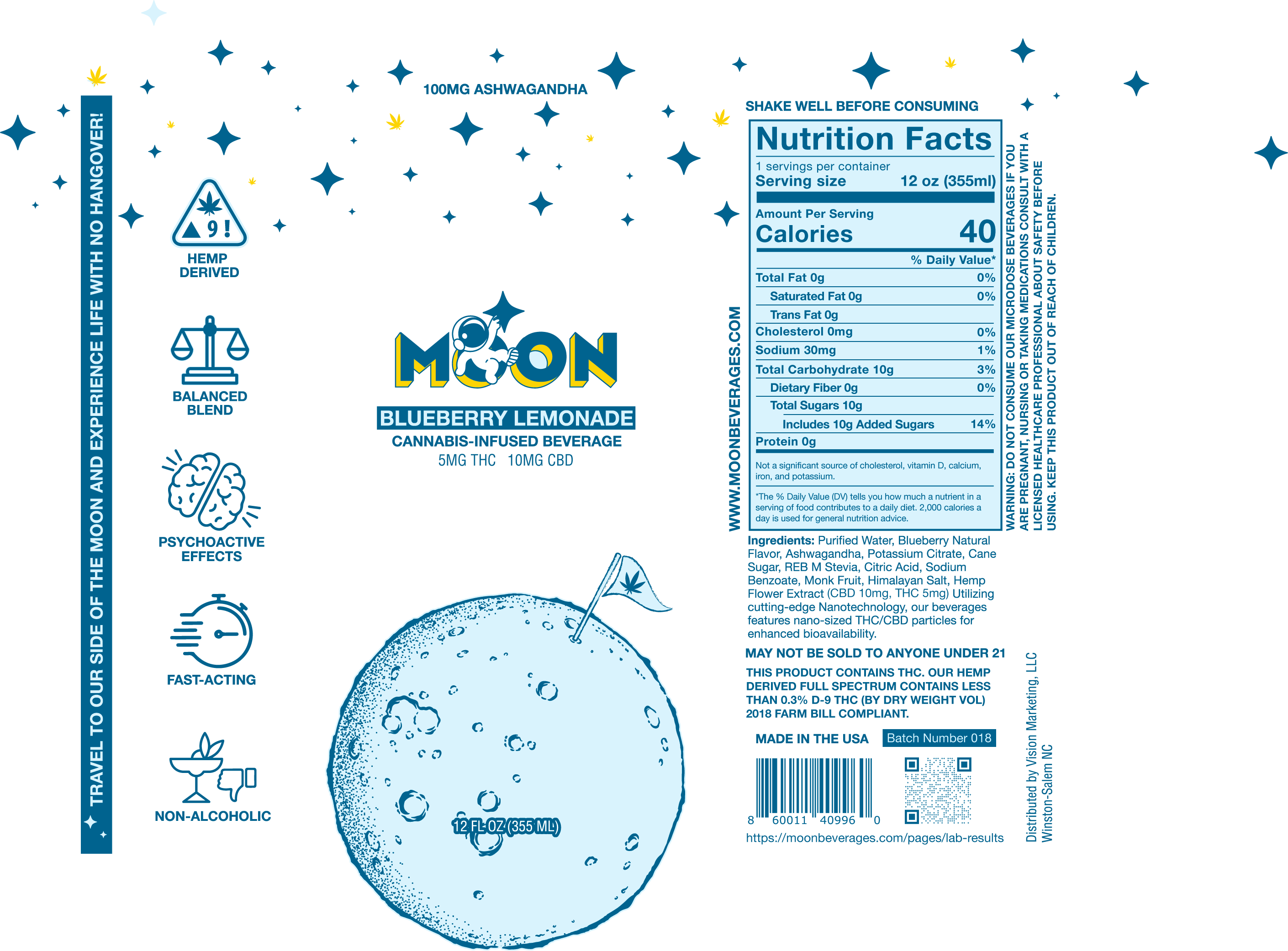 Moon - D9/CBD Infused Beverage 5mg/10mg - Blueberry Lemonade - 24 Pack