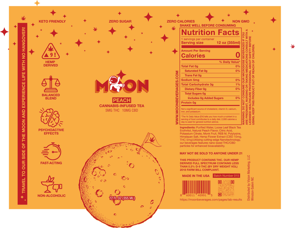 Moon - D9/CBD Infused Beverage 5mg/10mg - Peach Tea - 24 Pack