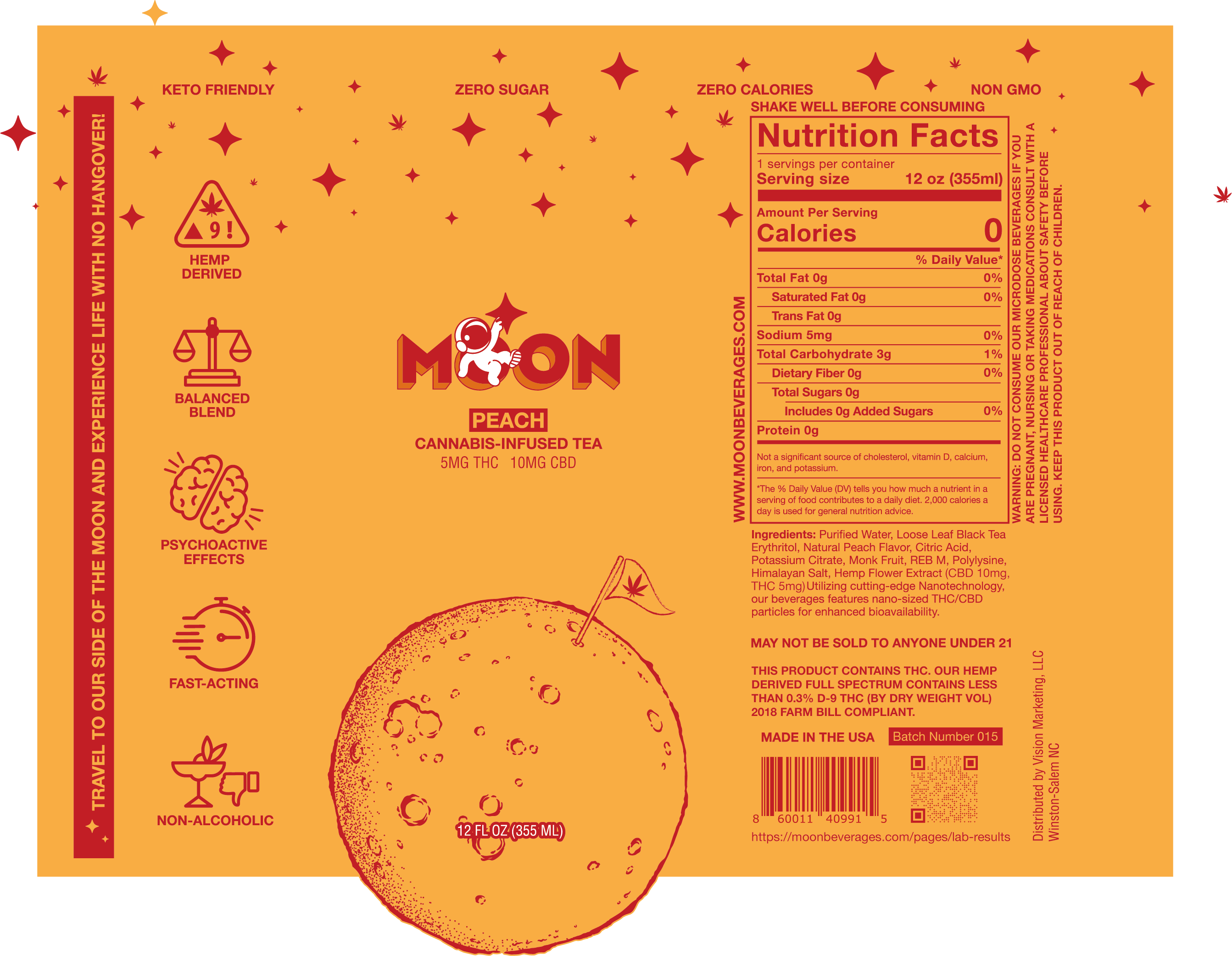 Moon - D9/CBD Infused Beverage 5mg/10mg - Peach Tea - 24 Pack