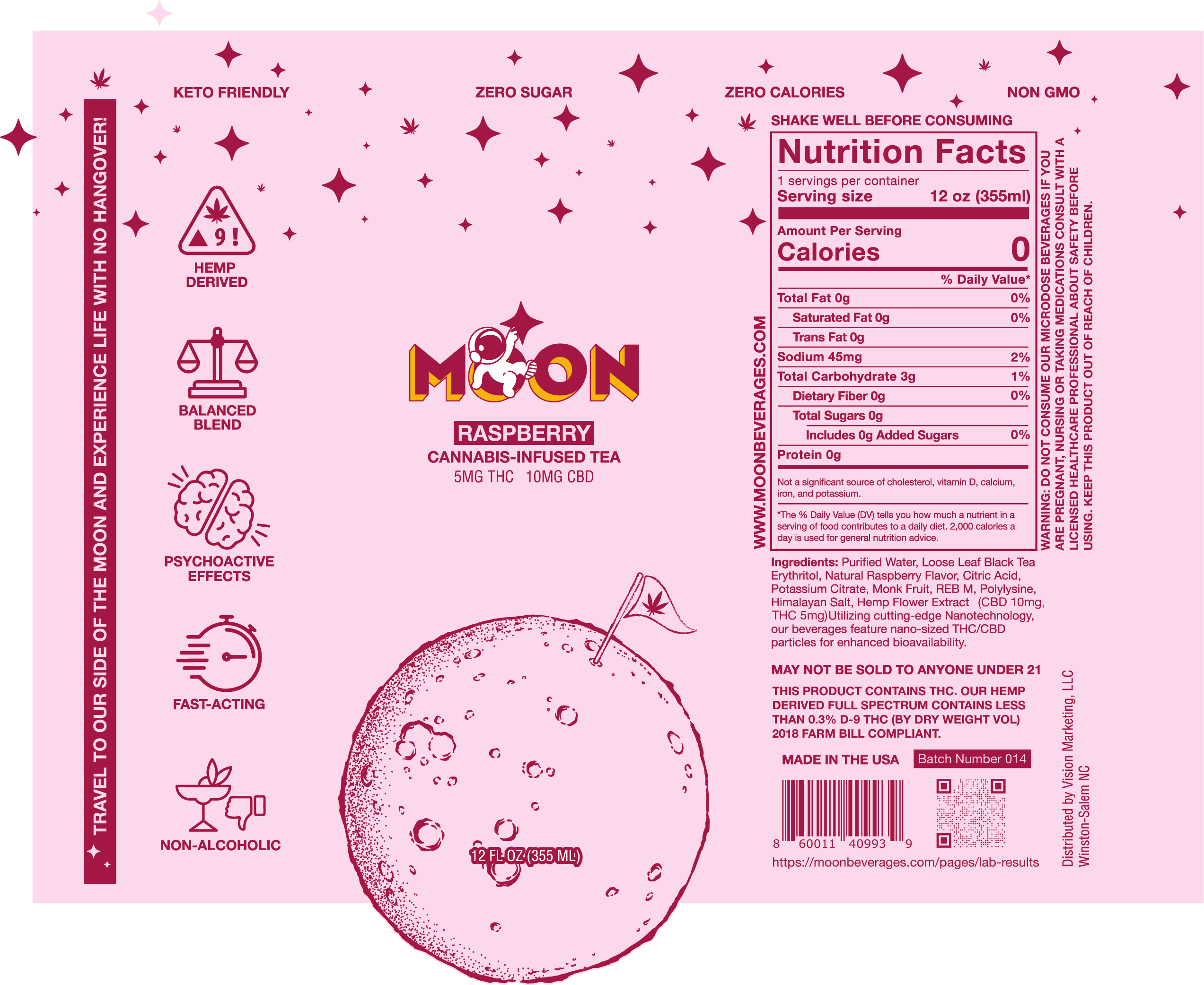 Moon - D9/CBD Infused Beverage 5mg/10mg - Raspberry Tea - 24 Pack